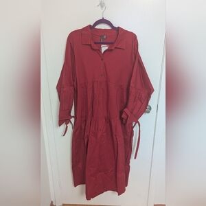 Red Button-Up Dress with Tie Sleeves